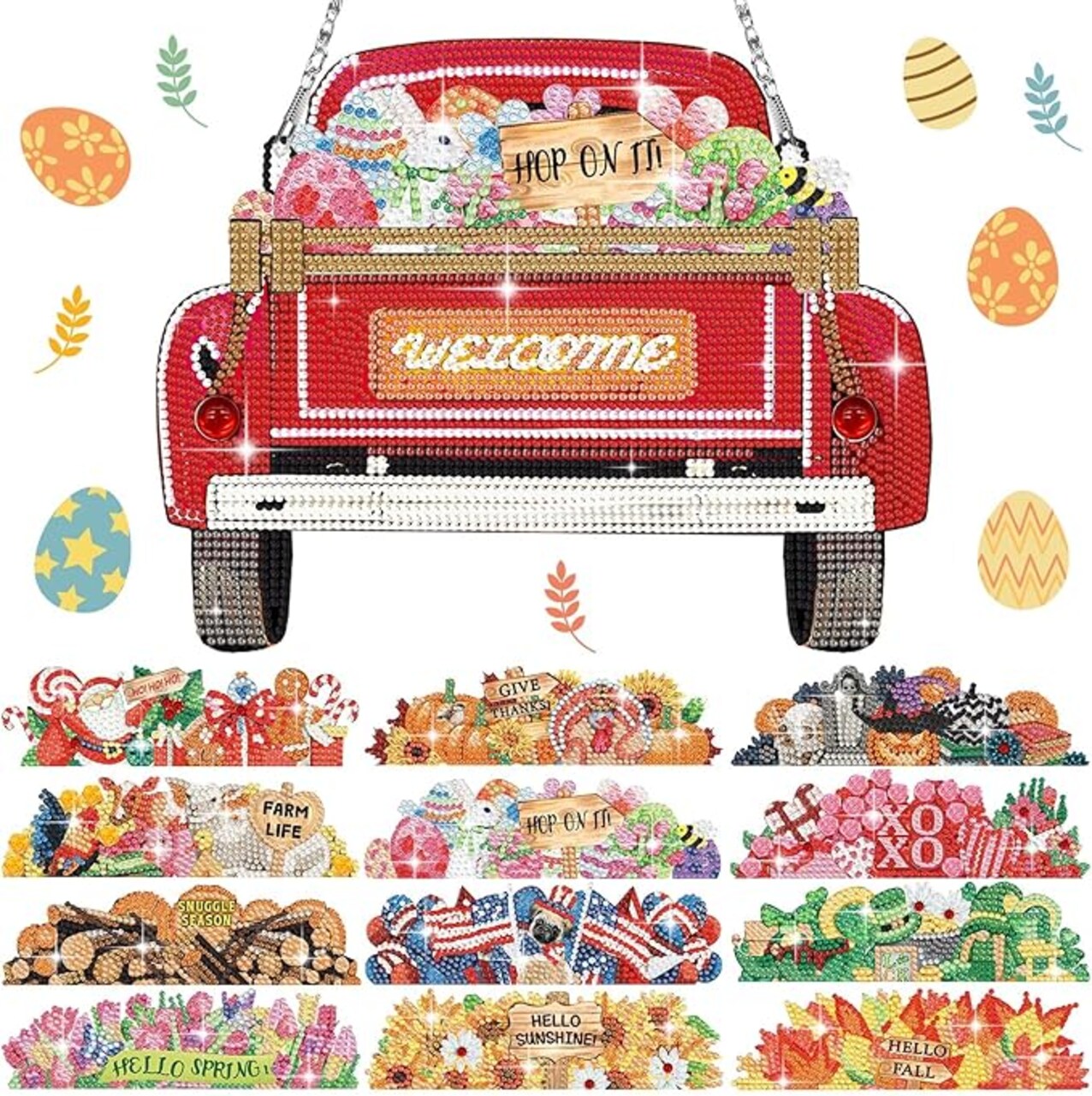 13 Pcs Seasonal Interchangeable Diamond Art Valentines XOXO, Easter, Irish, Spring Summer Festival Diamond Painting Hanging Sign Seasonal Interchangeable Welcome Sign for Home Front Door(Red)